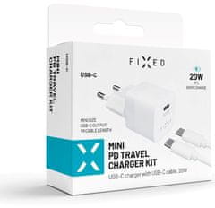 FIXED Set síťové nabíječky Mini s USB-C výstupem a USB-C/USB-C kabelu, podpora PD, 1 m, 20WFIXC20M-CC-WH, bílý